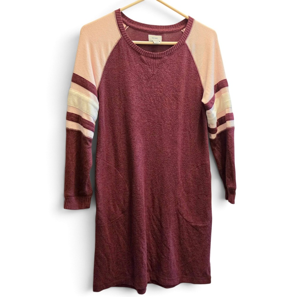 Old Navy Varsity Raglan Sweater Dress /Tunic Pink Burgundy Girls' XL/14 Pockets